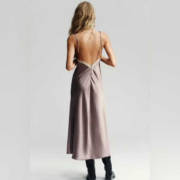 Zara Elegant Satin Slip Dress Lace Lingerie Liliac Maxi Evening Party XS - Picture 9 of 13
